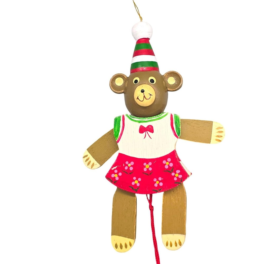 Vintage Wooden Bear Jumping Jack Christmas Ornaments Set 2 Pull String Taiwan - Picture 4 of 15